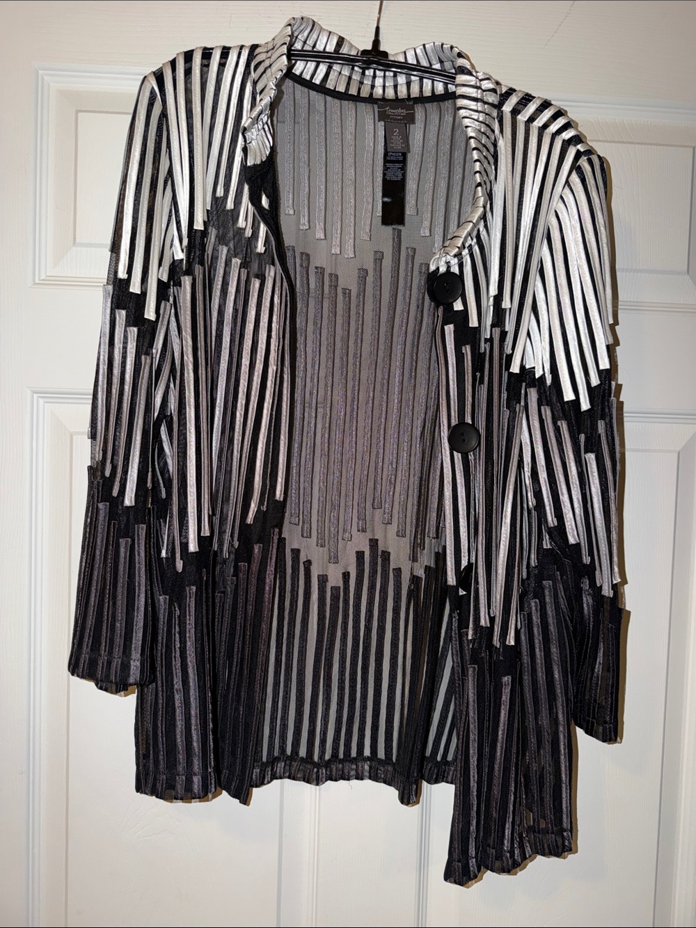 Chicos Travelers Sheer Striped Button Jacket in Black and White Size 2